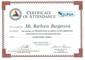 Barbora Burgerová, certifikát, Physiological regulating medicine